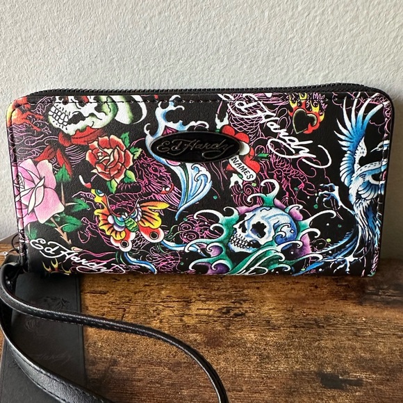 Ed Hardy Handbags - Ed Hardy Black Multicolor Skull Wallet Wristlet with Tattoo-Style Print NWT
